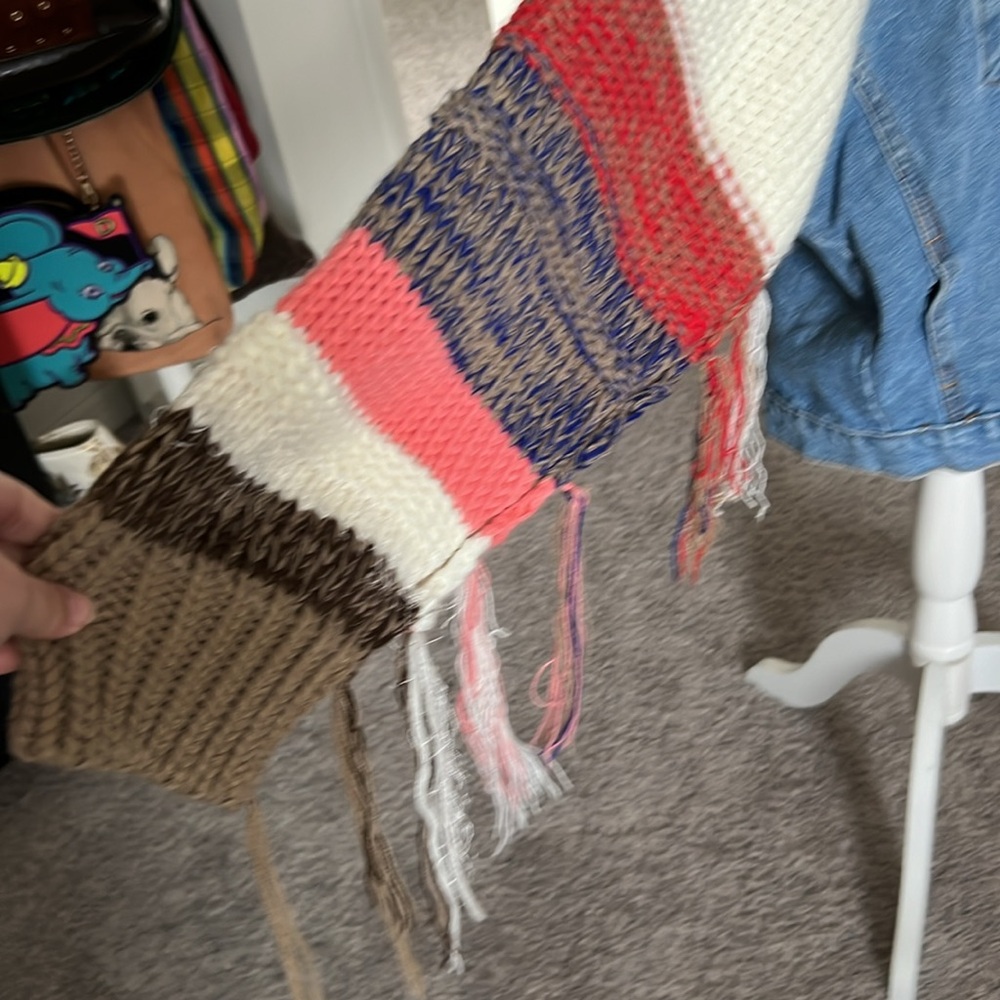 SHEIN Blue Denim Jacket with Multicolor Knit Sleeves - Picture 3 of 7